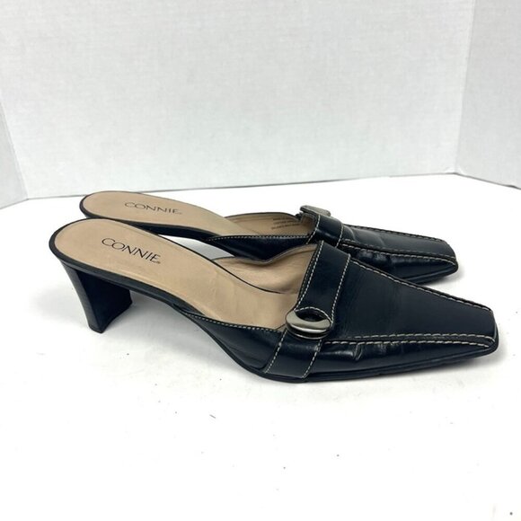 Vintage Y2K Connie Black Leather Sqaure Toe Mule Sz. 10 Slide Heel Minimalist - Picture 1 of 8